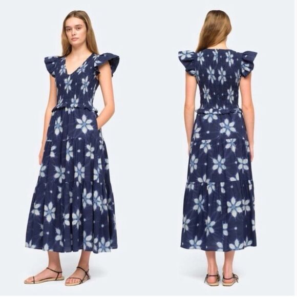 SEA NY 100% Cotton Blue Isla Print Ruffle Sleeves Smocked Cotton Midi Dress Sz 4 - Picture 1 of 6